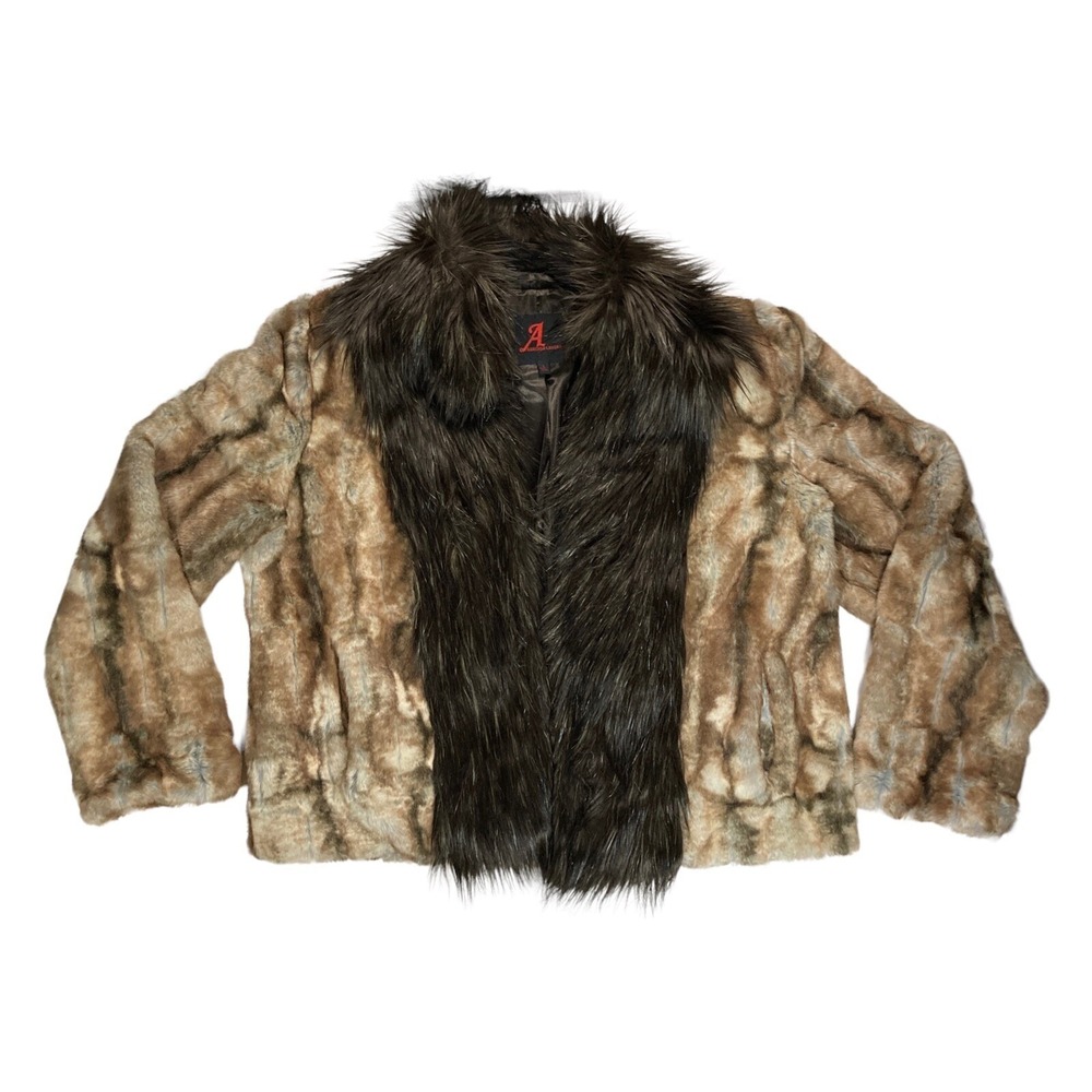Adrienne Landau Size LARGE Faux FUR JACKET Coat Long Fur Collar Lapel Brown NWOT - Picture 1 of 13